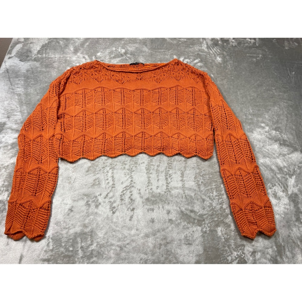 Seven Seven Orange Crochet Knit Cropped Sweater Long Sleeve Scalloped Size M
